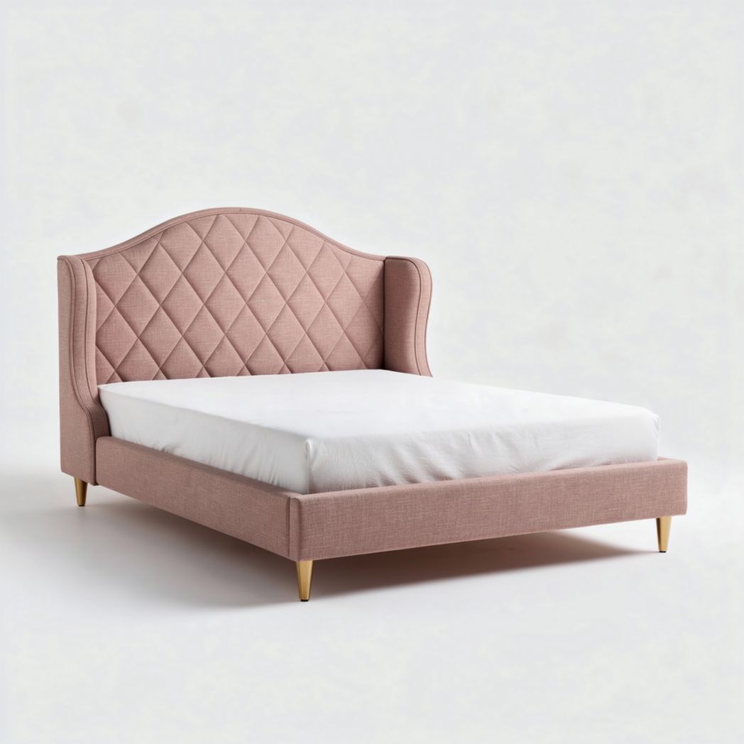 Een stoffen bed met een gebogen hoofdbord in roze kleur 200 x 160 x 40cm