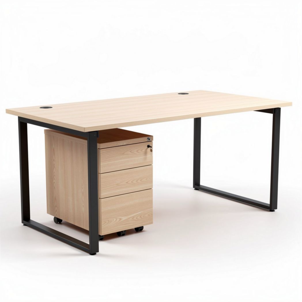 L-vormig bureau met ladenkast van hout in natuurlijk eiken 180 x 80 x 75cm