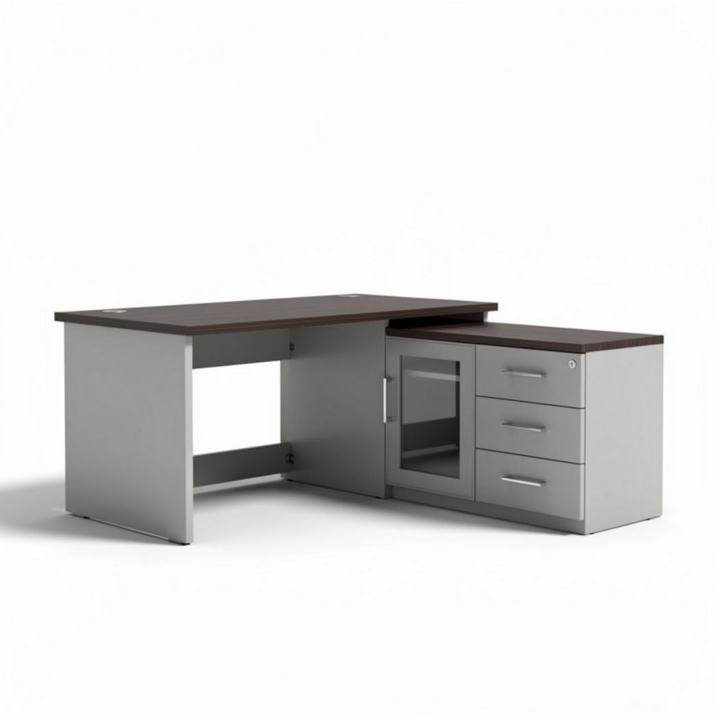 L-vormig bureau van hout met opbergruimte en metalen grepen 150 x 75 x 75cm