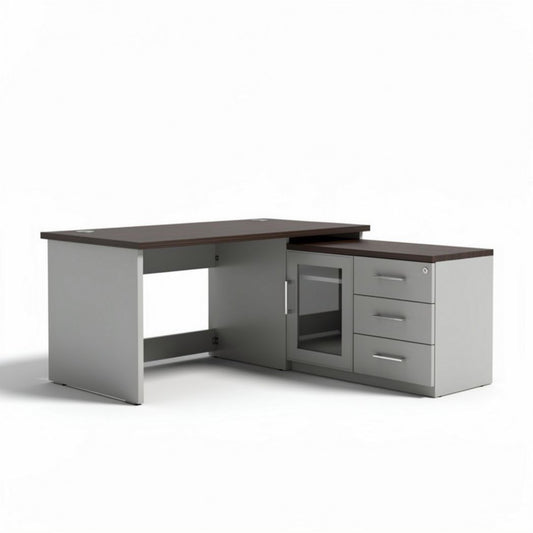 L-vormig bureau van hout met opbergruimte en metalen grepen 150 x 75 x 75cm