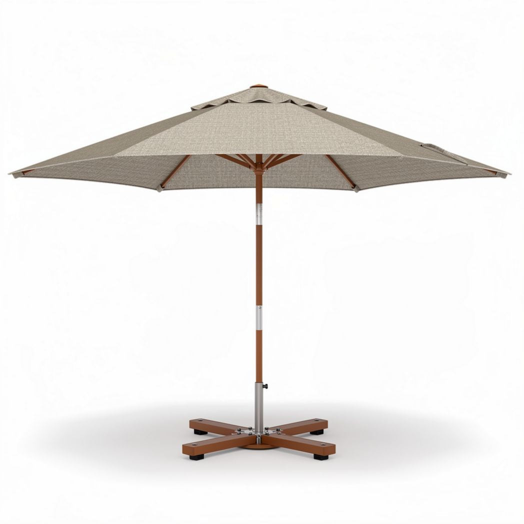 Parasol van 250 x 250 x 250cm met houten basis en stoffen doek in beige