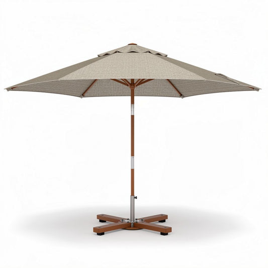 Parasol van 250 x 250 x 250cm met houten basis en stoffen doek in beige