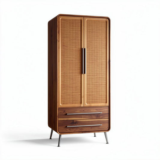 Kast van hout met rotan panelen en twee lades 80 x 40 x 180cm