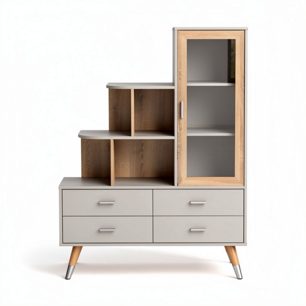 Dressoir met open en gesloten opbergmogelijkheden in grijs en eikenhout 120 x 40 x 140cm