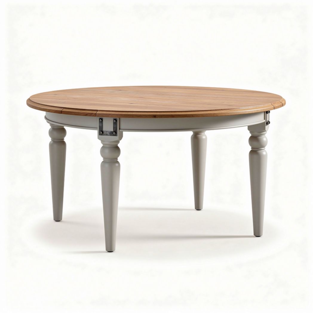 Ronde eettafel van grijs MDF met houten blad diameter 120cm en hoogte 75cm