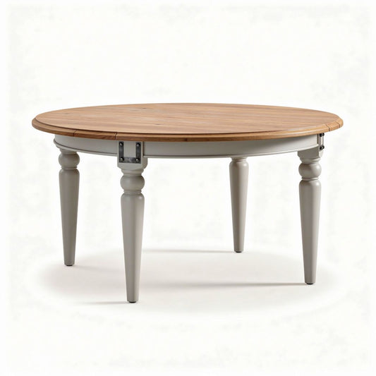 Ronde eettafel van grijs MDF met houten blad diameter 120cm en hoogte 75cm
